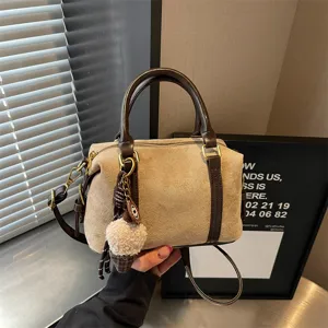 Vintage Suede Patchwork Boston Bag For Women Minimalist Contrast Color Small Square Crossbody Bag Women Fashion Daily Commute Handbag
