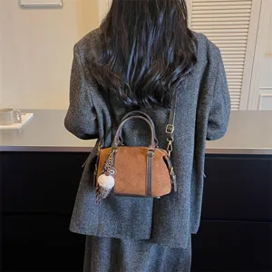 Women retro suede boston shoulder bag vintage chic casual crossbody handbag with charms