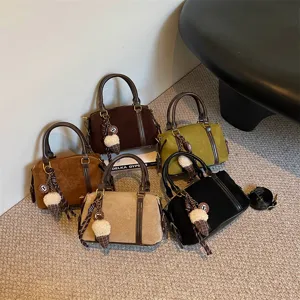 Women retro suede boston shoulder bag set, chic small messenger bag with fluffy charm.