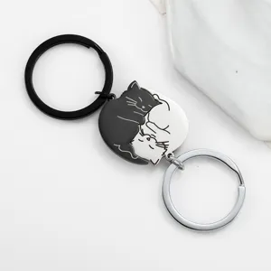 Portachiavi gatto nero bianco in acciaio inossidabile anello regalo coppia dettaglio