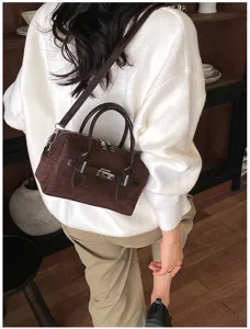 Korean vintage brown suede pillow bag, chic commuting shoulder crossbody bag for women.