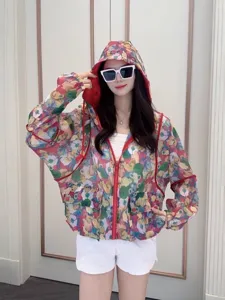 Summer floral printed hooded sun protection jacket for women, casual lightweight outerwear.