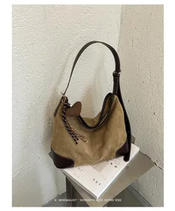 Retro bruine suède schoudertas voor dames, grote capaciteit vintage chic shopper tas.
