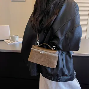 Elegante bolso bandolera de ante marrón para mujer bolso de mano cuadrado estilo retro otoño