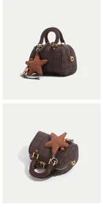 Brown plaid Boston bag handbag with star charm, versatile chic small crossbody pillow bag.