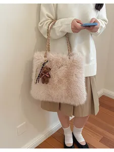 Bolso tote de felpa acogedor para mujer, bolso de hombro mullido grande otoño invierno.