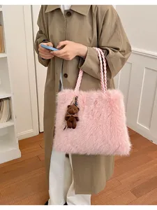 Bolso tote esponjoso rosa para mujer, bolso de hombro de felpa con colgante de oso.