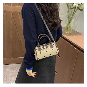 Mini bolso Boston de lunares, ante retro con ribete de cuero marrón, bolso cruzado elegante.