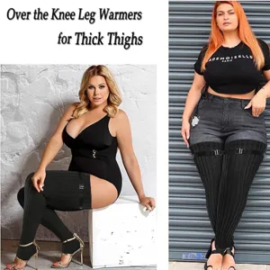Close-up details of black knit over the knee leg warmers with adjustable buckle straps.