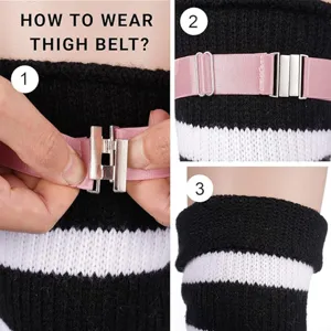 Detail view of the elastic thigh belt adjustable metal buckle and soft knitted fabric construction.