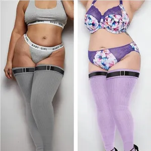 Plus size thigh high socks with adjustable garter straps and matching lingerie set detail.