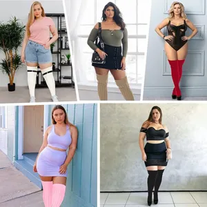 Plus size women thigh high socks and garter belt set, elastic adjustable hosiery for ladies.