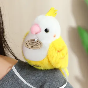 Close-up detail shot of the cute yellow and white parrot shoulder plush toy with slap bracelet.
