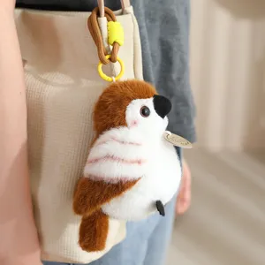 Cute plush bird toy pendant fluffy sparrow keychain bag charm detailed close up view