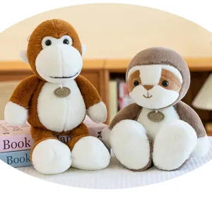 Forest animal plush toys detail shot, cute monkey and sloth stuffed dolls for kids birthday gifts.
