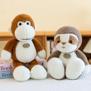 Cute forest animal plush toys set, stuffed monkey and sloth dolls sitting together main view