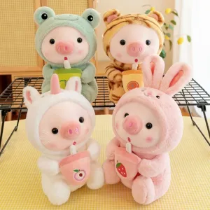 Cute transforming milk tea pig plush toy, soft animal doll with boba cup, kids gift.