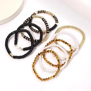 Game Day stapelbare Tonperlen Armbänder Set mit goldenen und schwarzen Perlen Modeschmuck