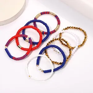 Game Day Fimo Perlen Armband 8er Set, stapelbare rot blau weiss gold Perlen Schmuck.