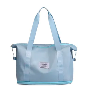 Light blue travel duffel bag foldable gym handbag with bottom zipper compartment for outdoor sports