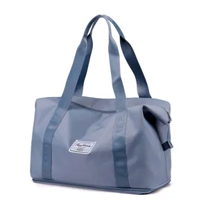 Foldable travel duffel bag detail, large capacity waterproof gym bag with bottom zipper.