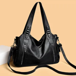 Women Large Capacity PU Leather Tote Bag Casual European Style Shoulder Bag Solid Color Handbag For Daily Travel Work Office