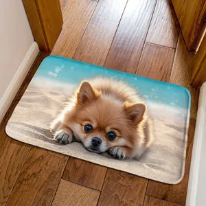 Fluffy pomeranian puppy doormat, anti-slip absorbent bathroom floor mat for home decor.