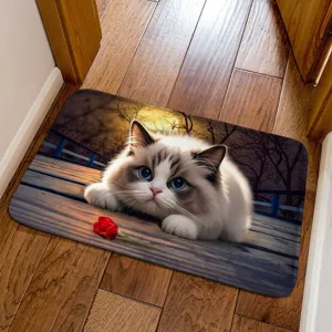 Cute kitten cat floor mat detail view, anti-slip absorbent doormat for entryway bathroom decor.