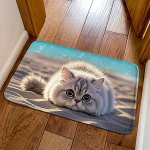 Detailed view of the 3D visual cute cat non-slip absorbent floor mat for home decor use.