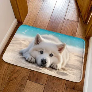 Cute 3D puppy print floor mat detail, soft absorbent anti-slip doormat for home deco.