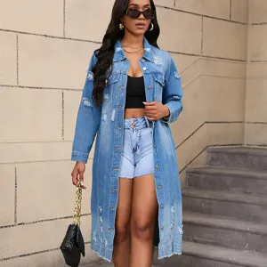 Women long distressed denim jacket trench coat casual vintage outerwear streetwear button down