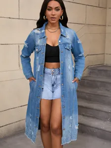 Long distressed denim jacket women casual outerwear vintage washed blue longline jean coat