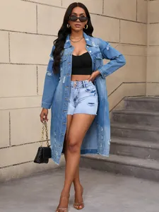 Women distressed long denim jacket coat casual ripped jeans outerwear fashion streetwear outfit