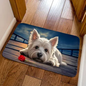 3D visual cute white dog floor mat, absorbent diatomaceous earth non-slip door mat for home.