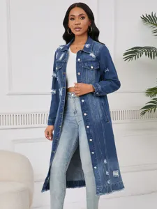 Long distressed denim jacket for women, vintage casual button down outerwear coat with pockets.