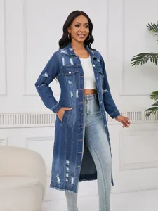 Distressed long denim jacket women trench coat casual vintage outerwear denim topwear