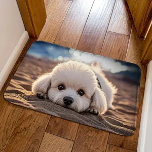 3D cute white puppy floor mat, absorbent non-slip door mat for entry and bathroom decor.