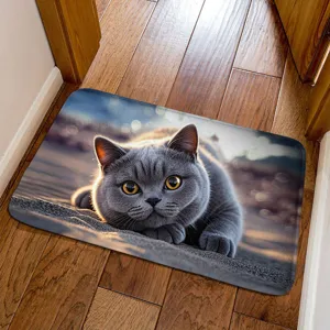 3D cute grey cat print absorbent doormat detail, soft diatomite bathroom floor mat for home.