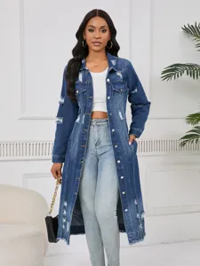 Women's long distressed denim jacket trench coat casual vintage outerwear streetwear