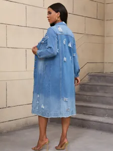 Stylish long denim trench coat for women featuring casual ripped details and front buttons.