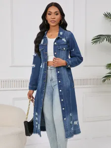 Women long denim jacket distressed lapel single breasted casual autumn outerwear coat