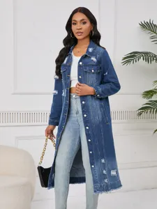 Women's long distressed denim jacket trench coat, vintage wash casual outerwear with buttons.