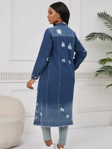 Long distressed denim jacket for women, vintage washed blue trench coat outerwear.