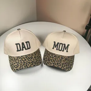 Washed cotton DAD MOM embroidered baseball cap detail, vintage couple sun hat, leopard brim.