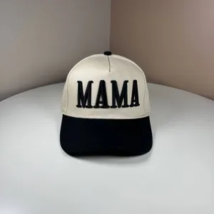 Washed cotton embroidered MAMA baseball cap detail shot, stylish contrast color sun hat.