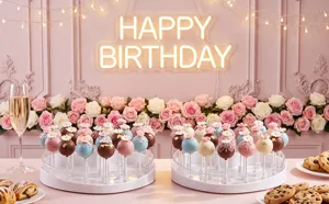 Acrylic lollipop display stand detail, 22-hole clear holder for cake pops and candy treats.