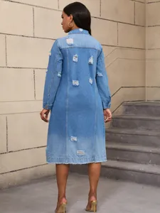 Womens long distressed denim trench coat casual fashion vintage denim jacket outer wear