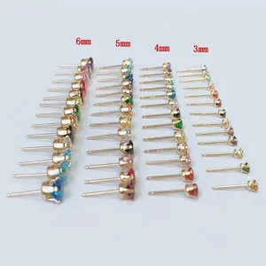 14K gold filled multi-size cubic zirconia 4-prong stud earrings colorful crystal ear jewelry