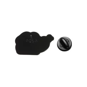 Metal cartoon frog brooch back view, black enamel pin with clutch accessory detail.