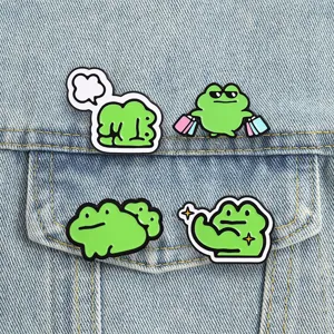 Cartoon frog enamel pin set, cute meme metal badge, funny apparel accessories for backpack.